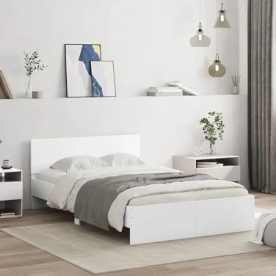 Image of vidaXL Double Bed Frame with LED Headboard White Engineered Wood for Modern Bedrooms, RGB USB, Supports 135x190 cm Mattress