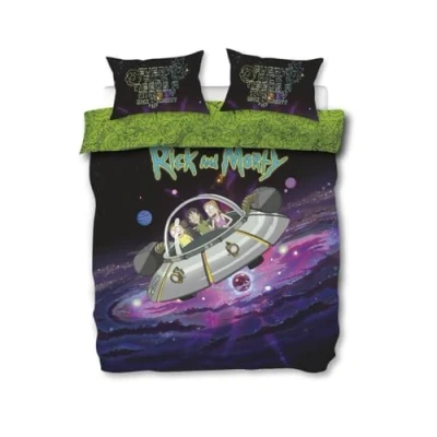 Image of Charlotte Andersen Rick and Morty Duvet Cover Set Double Bedding Black &amp; Green Spaceship UFO Design Official for Fans (Double)