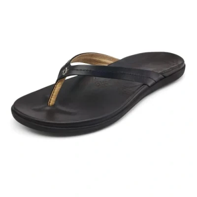 Image of OluKai Honu Women&#039;s Beach Sandals, Quick Dry Flip Flop Slides, Water Resistant Suede Lining &amp; Wet Grip Soles, Soft Comfort Fit Arch Support, Black/Black, 8 UK