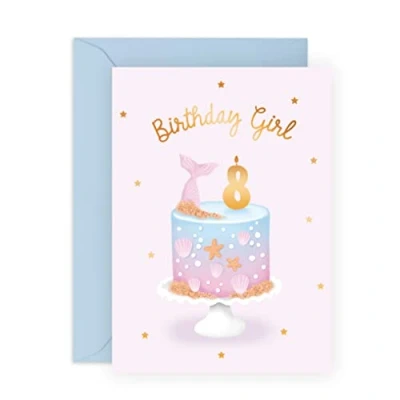 Image of Central 23 Eighth Birthday Card for Girls Happy 8th Age 8 Eight Year Old Cute Pastel Pink Blue Mermaid Shells Kids Daughter Granddaughter Comes With Fun Stickers