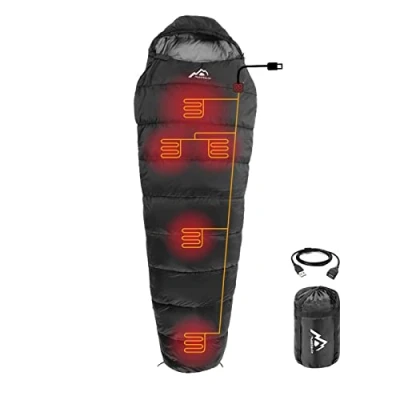 Image of Mantuole Heated Sleeping Bag 5pcs Multi USB Power Support Heating Pads,Operated with Battery Bank or Other Supplies, Portable Compact Bag, Mummy Style. Black Basic.