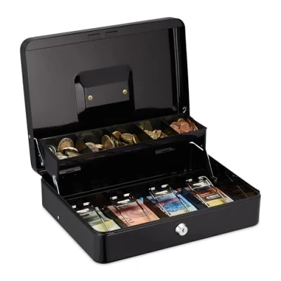 Image of Relaxdays Cash Box Lockable, 6 Notes and Coins Compartments, 2 Keys, Iron, Steel &amp; Plastic, HWD: 9 x 25 18 cm, Black
