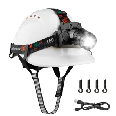 Image of Mustbau Hard Hat with Head Torch Safety Helmet Sensor LED Headlight,Adjustable Vented Hardhats and Rechargeable Headlamp Set EN397 for Construction Worker White