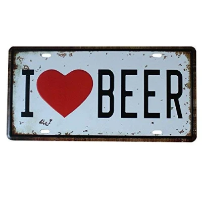 Image of Vintage Auto Tag License Plate Metal Sign, I Love Beer Decoration Retro TIN SIGN 7.8X11.8 INCH