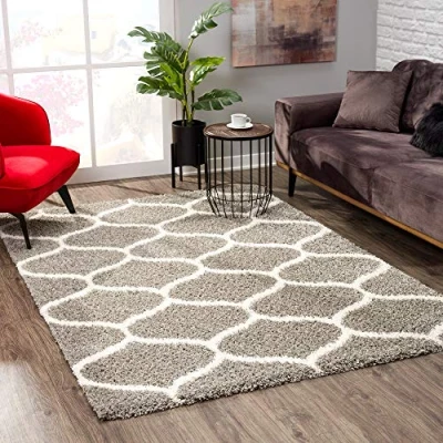 Image of SANAT Madrid Shaggy Rug, High Pile Rugs for Living Room, Bedroom, Kitchen, Morocco Grey, Size: 60 x 110 cm