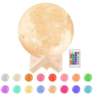 Image of CUQOO 18cm 3D LED Moon Lamp with Touch Control &amp; Wooden Stand USB Rechargeable, Multicolour Night Light Remote for Bedside Décor Stylish Home Accent