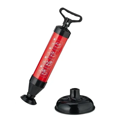 Image of Relaxdays Drain Cleaner Pump, 2 Attachments for WC, Shower, Washbasin, Pressure, Chemical Free, 42 x 15 cm, Black/Red