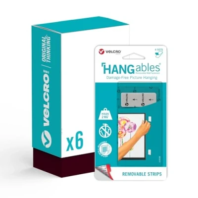 Image of Velcro Brand HANGables Picture Hanging Strips 6 Packs of 4 Sets 19mm by 44mm Damage Free for Pictures, Mirrors, Wall Décor Hold 2kg Hang up to Pictures