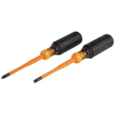 Image of Klein Tools 33732INS 1000V Slim Tip Insulated Screwdriver Set, 2 Phillips and 1/4 Inch Cabinet Tips, Cushion Grip Handle, Piece,Black Orange