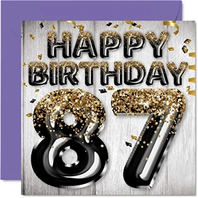 Image of 87th Birthday Card for Men Black &amp; Gold Glitter Balloons Happy Cards 87 Year Old Man Dad Great Grandad Grandpa Gran, 145mm x Eighty Seven Seventh Greeting Gift