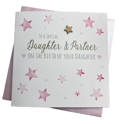Image of WHITE COTTON CARDS DAUGHTER &amp; PARTNER BIRTH OF PINK STARS NEW BABY CARD, HAND FINISHED (S519)