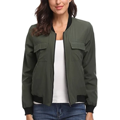Image of MISS MOLY Bomber Jacket Womens Flight Zip Up Lightweight Multi Pocket Green Medium
