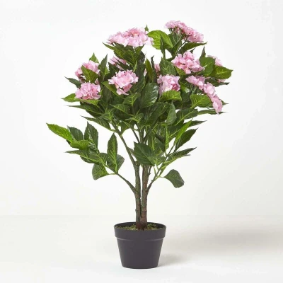 Image of HOMESCAPES Pink Hydrangea Artificial Plant with Black Pot, 85 cm (2.8 ft)