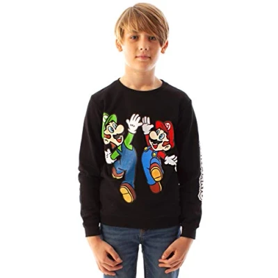 Image of Super Mario Sweatshirt Boys Kids Luigi Character Black Long Sleeve Jumper Gamers Merchandise 13 14 Years