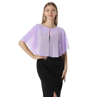 Image of Soft Capelets capes Shawls and Wraps for Dress Chiffon Shrug Wedding Cape Cover Up, Lilac, One Size