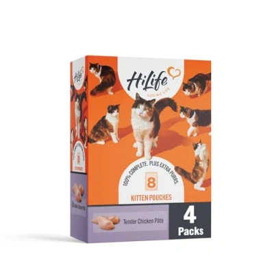 Image of HiLife Kitten Wet Cat Food, Tender Chicken Pate, Complete Food Pouches for Kittens 1 12 Months, 100% Natural &amp; Grain Free (8 x 70g Pouches)