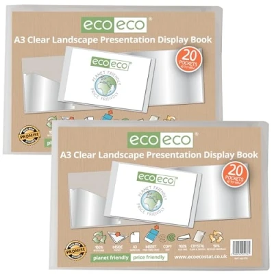 Image of eco A3 50% Recycled 20 Pocket Clear Landscape Presentation Display Book, Storage Case Portfolio Art Folder with Plastic Sleeves, Pack of 2, eco176x2