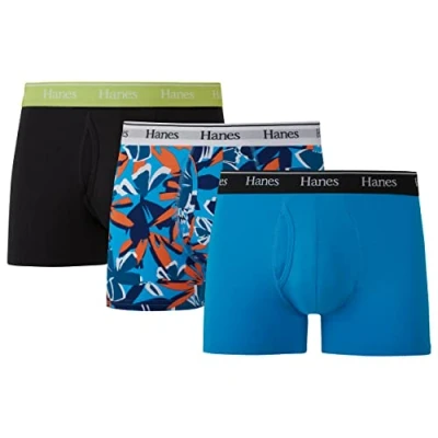 Image of Hanes Men&#039;s Originals Boxer Briefs &amp; Trunks, Stretch Cotton Moisture Wicking Underwear, Modern Fit Low Rise, Multipacks, Trunks Blue/Black 3 Pack, XL (Pack of 3)