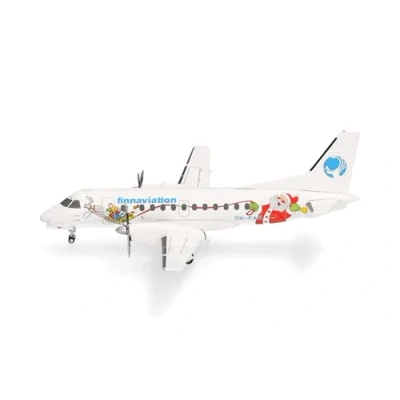 Image of Herpa Model Airplane Finnaviation Saab 340 &quot;Santa,&quot; Miniature in 1:200 Scale, Collectible, Without Stand, Metal