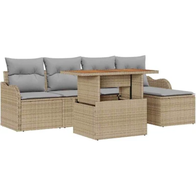 Image of vidaXL 6 Piece Garden Sofa Set with Cushions Beige Poly Rattan Acacia