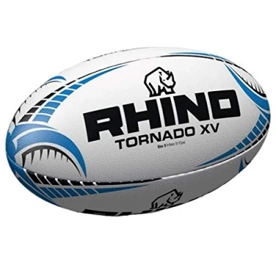 Image of Rhino Tornado XV Rugby Ball, Size 4, White/Blue