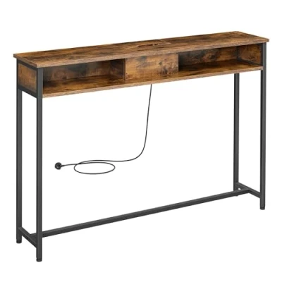 Image of VASAGLE Console Table With Charging Station, Slim for Hallway, Narrow 2 Compartments, Space Saving, 25 x 120 81 cm, Living Room, Rustic Brown and Ink Black LNT111K02