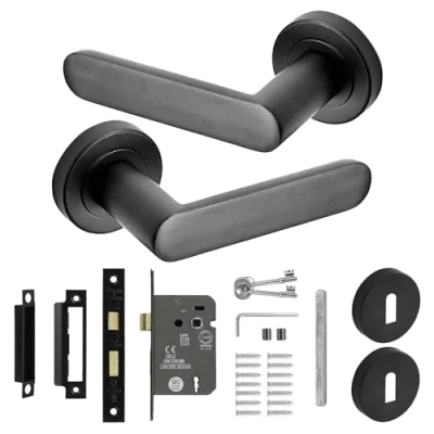 Image of Decoranddecor Echo Matt Black Door Lever Handles 54mm Round Rose Aluminium Sash Lock Kit with Keys