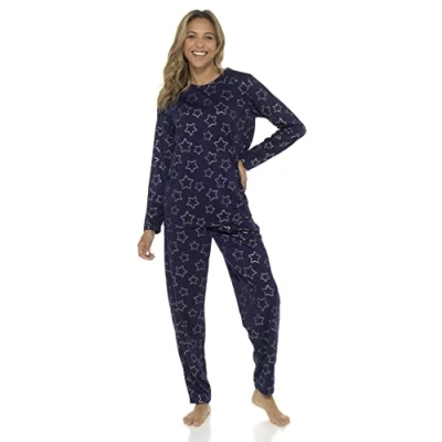 Image of Slumber Hut® Girls Star Printed Knitted Jersey Pyjama Set Navy Blue Rose Gold Matching Ladies Childrens Sizes Size 13 Years