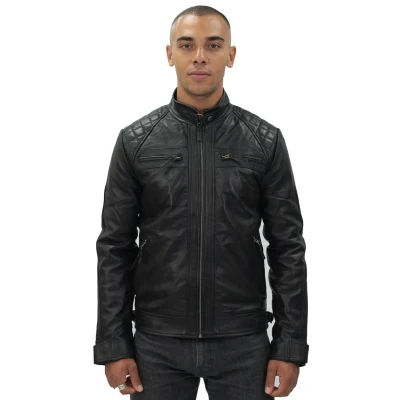 Image of Men&#039;s Vintage Black Leather Retro Jacket Classic Racing Quilted Biker Moto Fashion XL