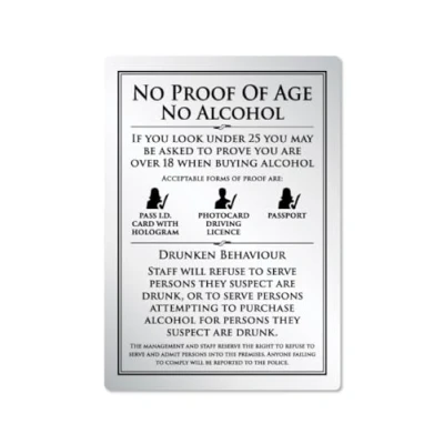 Image of No Proof of Age Alcohol Sign Pub Bar Restaurant Licensing Notice Under