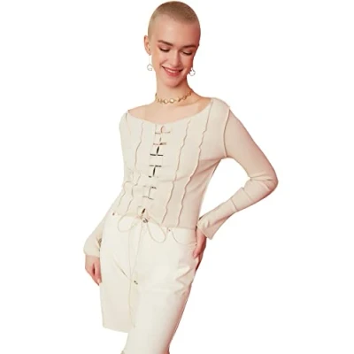 Image of Trendyol Women Young Fitted Basic Boat Neck Knit Blouse Ecru