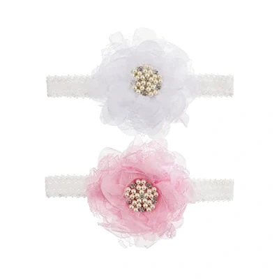 Image of Nishine 2pack Newborn Elactic Lace Crwon Headband Toddler Girls Fabric Flower Pearl Hairband for Baby Shower Birthday Gift (White/Pink)