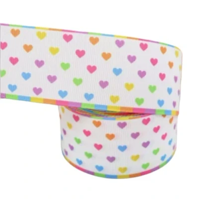 Image of White Pastel Rainbow Hearts Grosgrain Ribbon 2 Metres Length x 38mm Width for Hair Bows, Birthday Cakes, Crafts, Cake Topper