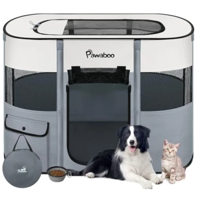 Image of Pawaboo Dog PlayPen, Portable Pet Cat 600D Oxford Kennel Tent, Waterproof &amp; Breathable, Indoor Outdoor Travel Camping Use for Medium/Large with Carrying Bag+Folding Bowl, M, Gray