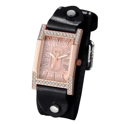 Image of JewelryWe Vintage Square Leather Watches: Iced Out Quartz Analog Wristwatch Classic Rectangular Cuff Watches for Women