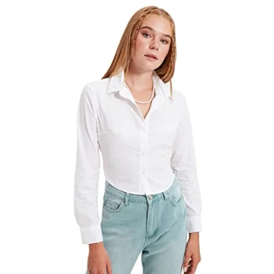 Image of Trendyol Women Young Fitted Basic Shirt Collar Woven Ecru