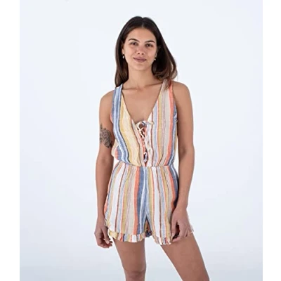 Image of Hurley Women&#039;s Iris Lace Up Romper Break, Berry Multi, M