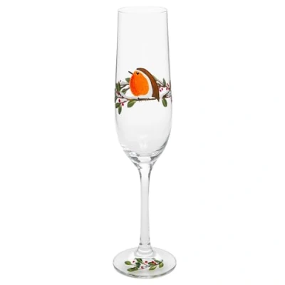 Image of Shudehill Giftware East West Christmas My Favourite Glass Hand Painted Flute Robin, Poinsettia or Mistletoe &amp; Berry Xmas (Robin)