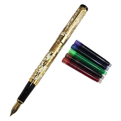 Image of Gullor Advanced Fountain Pen Jinhao 5000 Apricot and Gold Dragon Year with Gift Box Ink cartridges