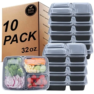 Image of KINGHON Meal Prep Containers Bento Lunch Boxes 3 Compartment,BPA Free Reusable Plastic Food Storage with Airtight Lids,Freezer, Microwave and Dishwasher Safe [10Pack,32 oz]