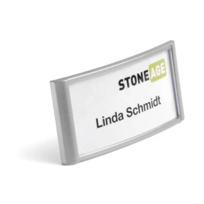 Image of Durable Name Badge Classic 34 x 74mm with Combi Clip Simple Design Easy To Read Tag Aluminium Look Finish Pack of 10