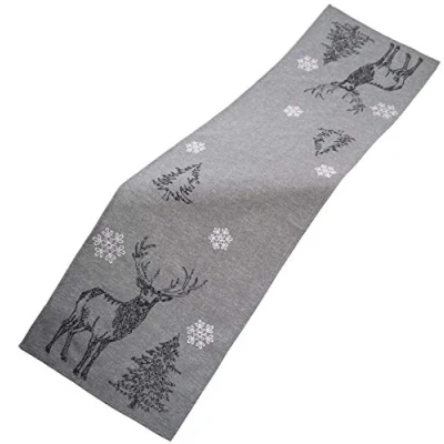 Image of Raebel Table Runner 40 x 140 cm Embroidery Moose Trees Snow Stars Grey White Silver Topper Christmas Decoration Tablecloth