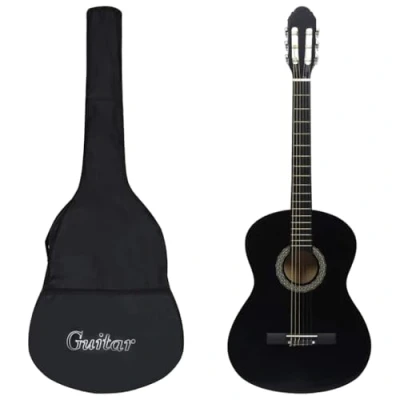 Image of vidaXL Classical Guitar Beginner 12 Piece Package, Full Size 4/4 39&quot;, Black Solid Basswood Body and Hard Plastic Fingerboard, with Bag, Strap, Picks, Tuner Holder