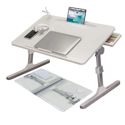 Image of HshDUti Folding Lap Desk Laptop Stand for Bed, Foldable Bed Table with Tablet Slot, Height &amp; Angle Adjustable Lap, Tray USB Charge Port, Light and Fan white