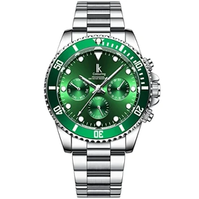 Image of Alienwork Automatic Watch Men Women Silver Stainless Steel Metal Strap Calendar Date Green Multi Function Glass Bottom
