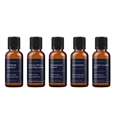 Image of Mystic Moments Yin Essential Oil Gift Starter Pack 5x50ml Eucalyptus Australiana, Geranium Egypt, Lavender, Cypress French, Ylang 3rd Perfect as a