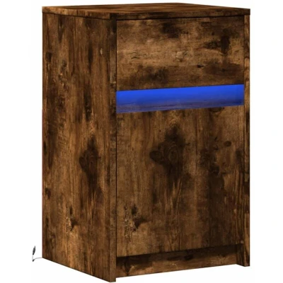 Image of vidaXL Bedside Cabinet/Nightstand with RGB LED Lights Smoked Oak Engineered Wood 38x34x61cm Modern Drawer Storage for Bedroom/Living Room