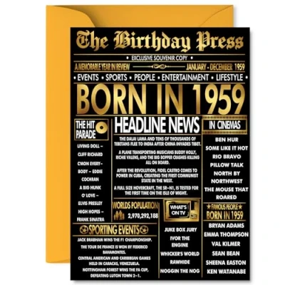 Image of Gold 66th Birthday Card for Men Women Black &amp; Golden Newspaper Born in 1959 Happy 66 Cards Nan Grandad Brother Sister Auntie Grandma, A5 Bday Greeting
