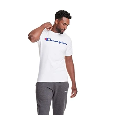 Image of Champion Men&#039;s, Classic Graphic, Soft and Comfortable T Shirts, Script Logo (Reg. Or Big &amp; Tall), White, XXL