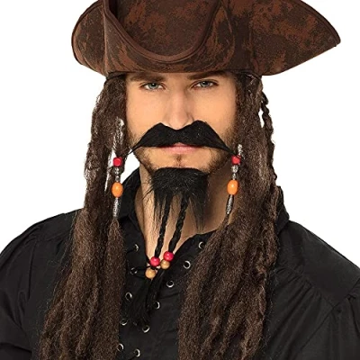 Image of Boland Pirate Beard and Moustache With Braids, Self Adhesive, Stick On Tash, Fake Moustache, Fancy Dress Accessory, Black (Black)